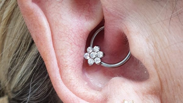 titanium ring with cz flower in daith piercing