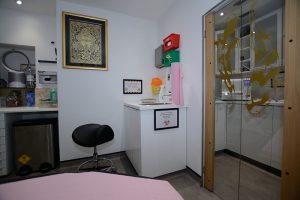 The smaller studio at Ble Lotus, showing the hand washing area, a gold framed painting on the wall and the swinging glass doors to the sterilisation room