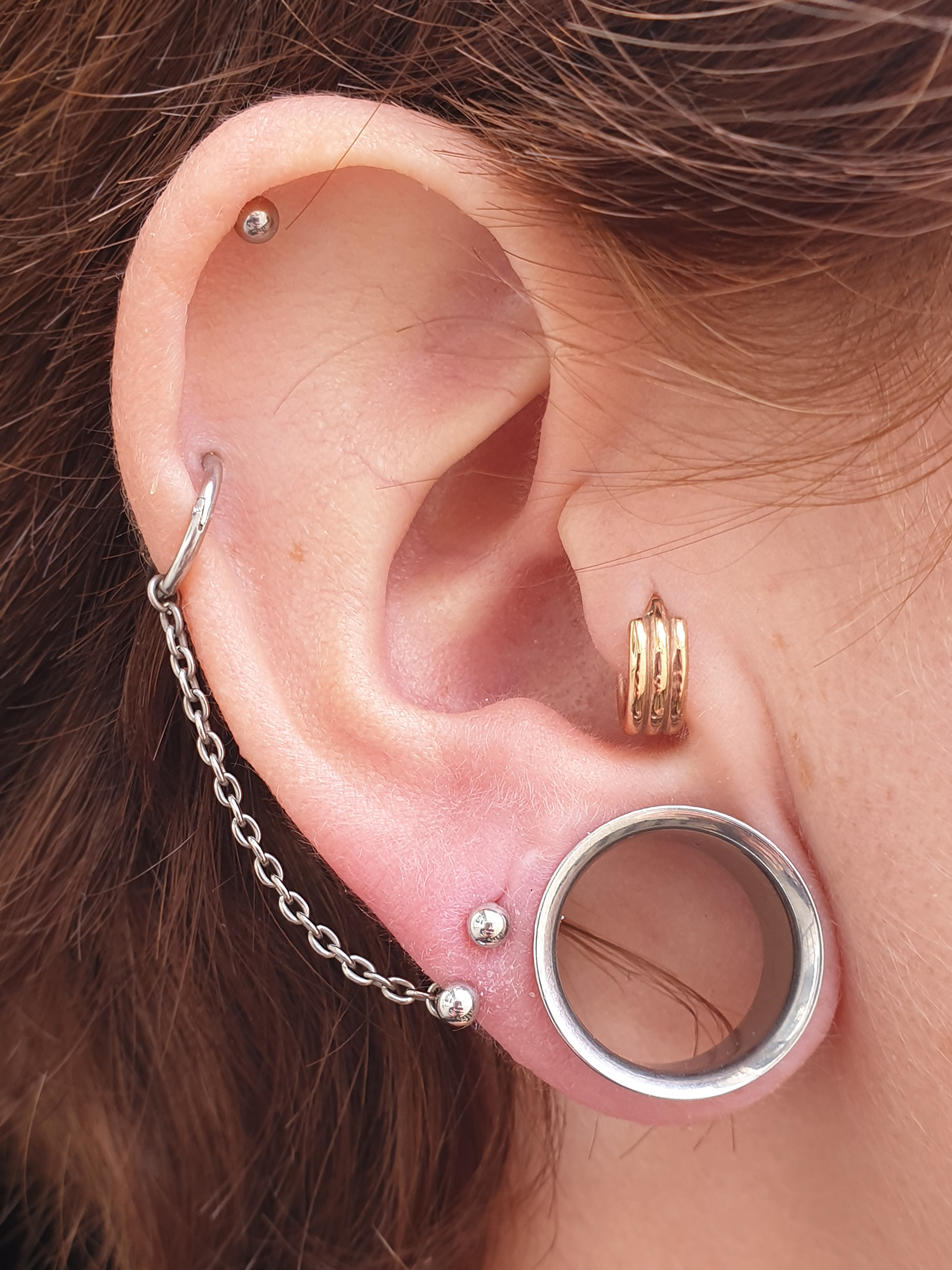 a stretched lobe wearing a titanium tunnel and then a helix and lobe piercing joined together with a silver chain
