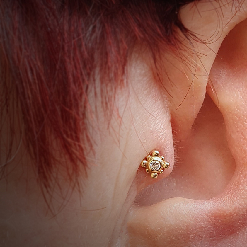 a Bodygems Burt piece in a tragus piercing