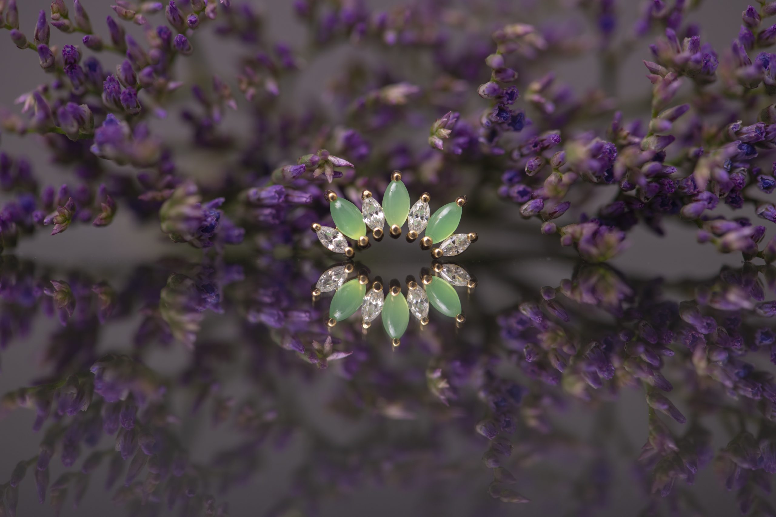 a BVLA Athena surrounded by lavender with a reflection in the mirror below