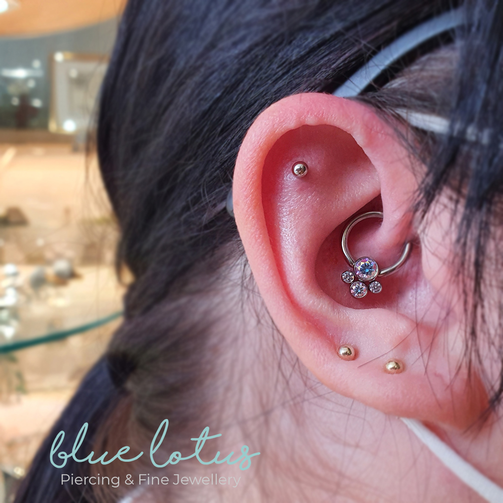 A right ear showing three studs, two in the lobes and one in the flat area of the helix. The Daith ring has four gems sat in a square shape from Anatometal