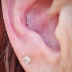 The Mishka three gem piece from Buddha jewellery, in a conch on the right ear